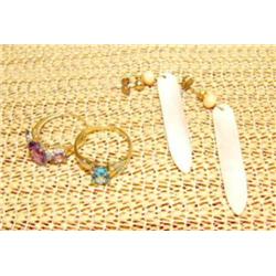 Lot of 3: ivory dangle earrings, 2 rings: amethyst diamond 10K, diamonds and blue stone (159)