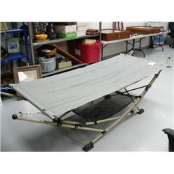 Lot of 3: One person hanging chair hammock, nylon hammock with metal stand and small standing foldab
