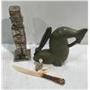 Image 6 : Metal Statue, Ivory Carvings & Knife, Stone Carving, and Gloves