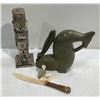 Image 7 : Metal Statue, Ivory Carvings & Knife, Stone Carving, and Gloves