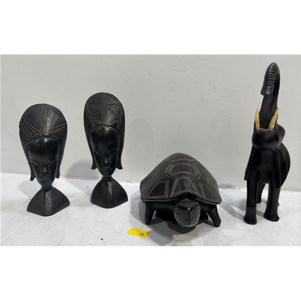 Dark Wooden Head & Animal Carvings