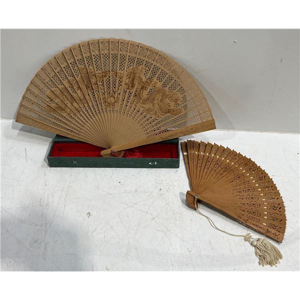 Pair of Vintage Hand-Carved Decorative Wooden Fans