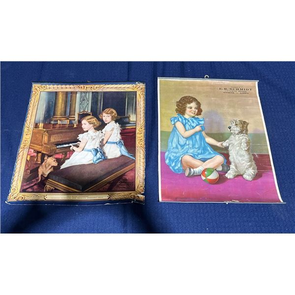 Antique Calendar Posters Princesses Elizabeth and Margaret & Girl and Puppy