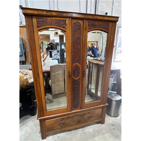 Antique Wardrobe, Double Door and Mirror with Decorative Carvings 50Wx18.5Dx75H