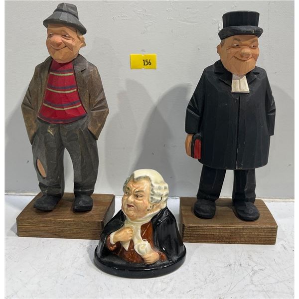 Royal Doulton Figure, Harry Rowed Wood Carving, and Unknown Wood Carving