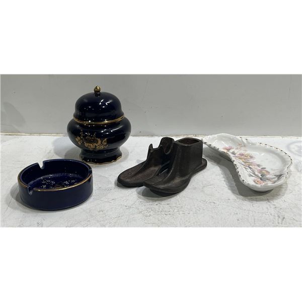 Cast Iron Shoes, Blue Ceramic Peacock Ashtray and Flowers Container and more