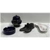 Image 1 : Cast Iron Shoes, Blue Ceramic Peacock Ashtray and Flowers Container and more