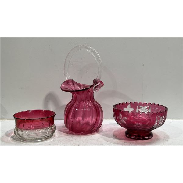 Cranberry Glass Collection: King Crown Compote Bowl, Rossi Vase, and Footed Bowl