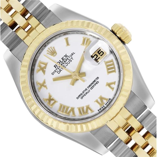 Rolex Ladies Two Tone White Roman Datejust Wristwatch With Rolex Box