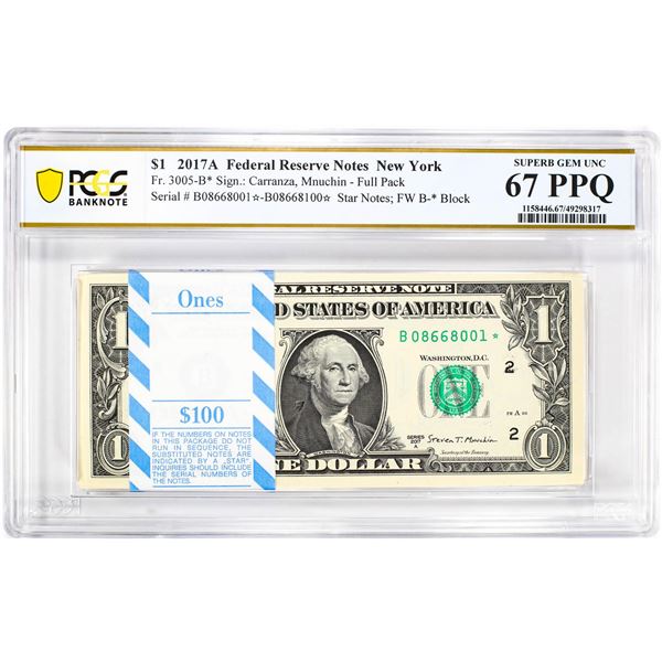 Pack of 2017A $1 Federal Reserve STAR Notes NY Fr.3005-B* PCGS Superb Gem UNC 67PPQ