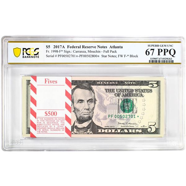Pack 2017A $5 Federal Reserve STAR Notes Atlanta Fr.1998-F* PCGS Superb Gem UNC 67PPQ