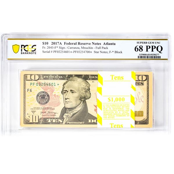 Pack of 2017A $10 Federal Reserve STAR Notes ATL Fr.2045-F* PCGS Superb Gem UNC 68PPQ