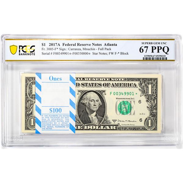Pack of 2017A $1 Federal Reserve STAR Notes ATL Fr.3005-F* PCGS Superb Gem UNC 67PPQ