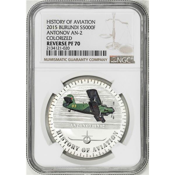 2015 Burundi 5000 Francs Aviation History Antonov AN-2 Silver Coin NGC Reverse PF70