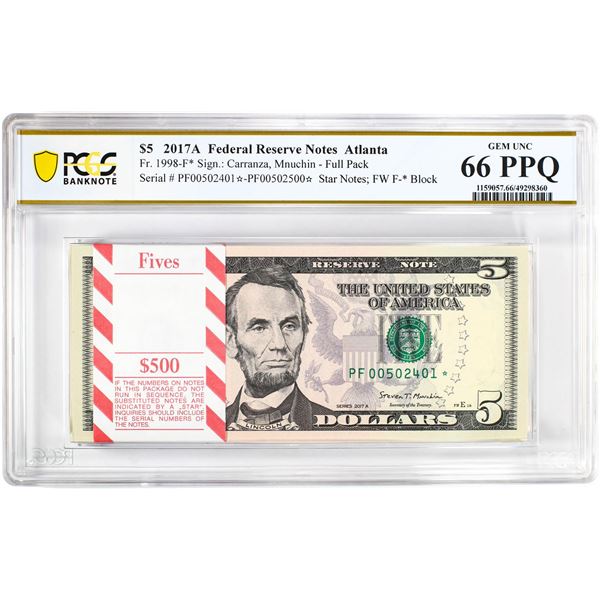 Pack of 2017A $5 Federal Reserve STAR Notes Atlanta Fr.1998-F* PCGS Gem UNC 66PPQ