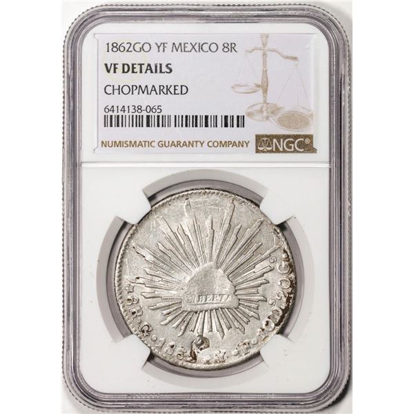 1862GO YF Mexico 8 Reales Silver Coin NGC VF Details Chopmarked