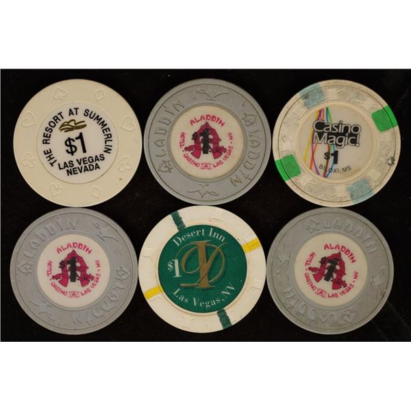 6-$1 PLASTIC CASINO GAMING TOKENS: 3-ALADDIN, 1-