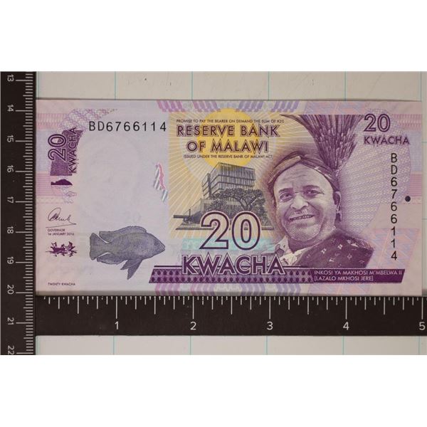 2016 BANK OF MALAWI 20 KWACHA CU COLORIZED BILL