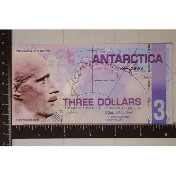 2008 ANTARCTICA $3 CU POLYMER COLORIZED BILL