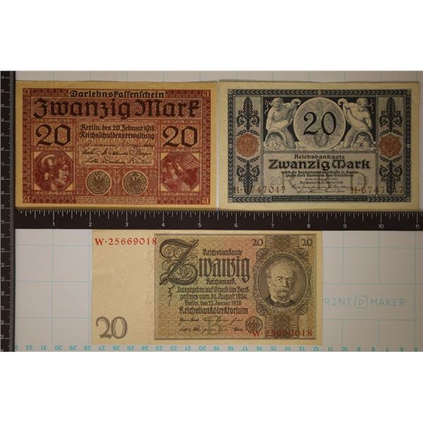 3 GERMAN 20 MARK BILLS: 1915, 1918 &