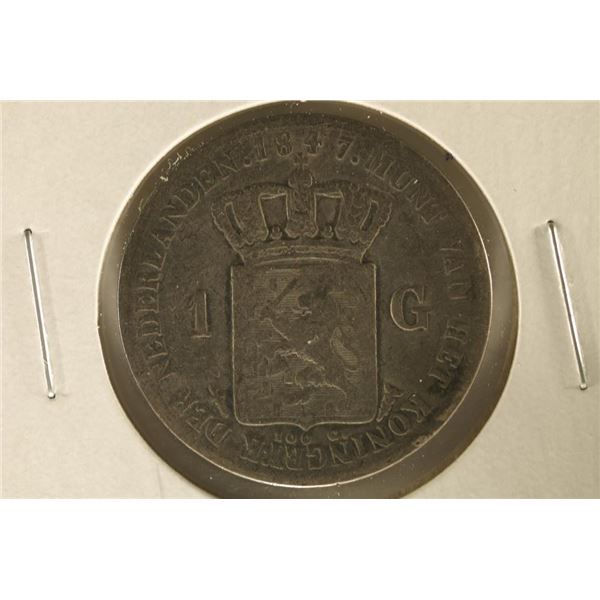 1847 NETHERLANDS SILVER 1 GULDEN .3038 OZ. ASW