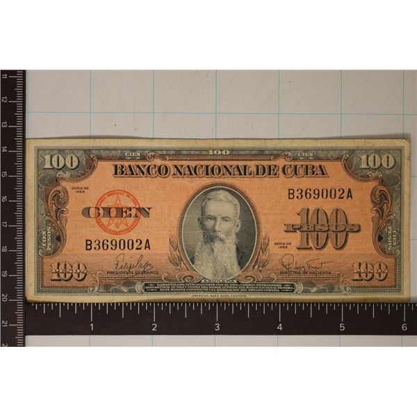 1959 CUBA 100 PESO BILL, IN ON REVERSE