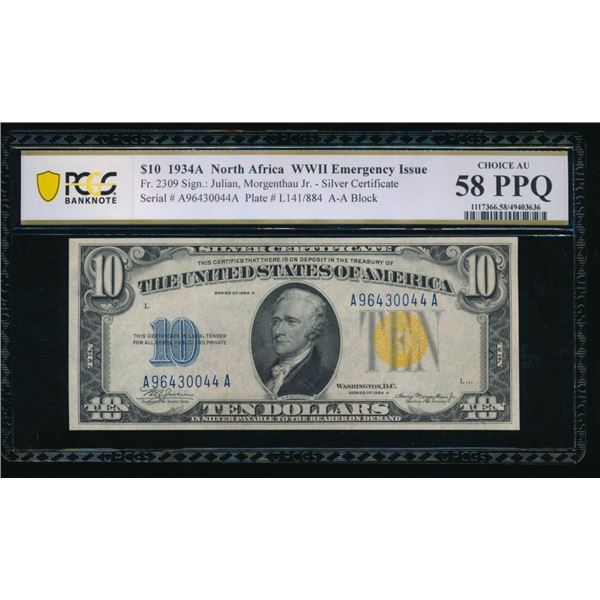 1934A $10 N Africa Silver Certificate PCGS 58PPQ