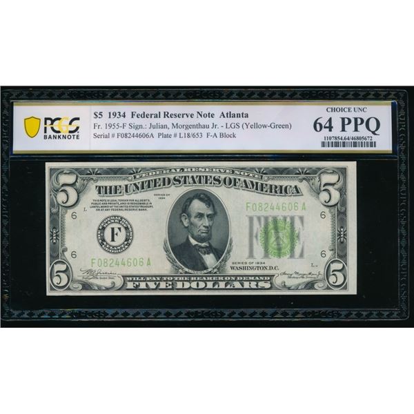 1934 $5 Atlanta FRN PCGS 64PPQ