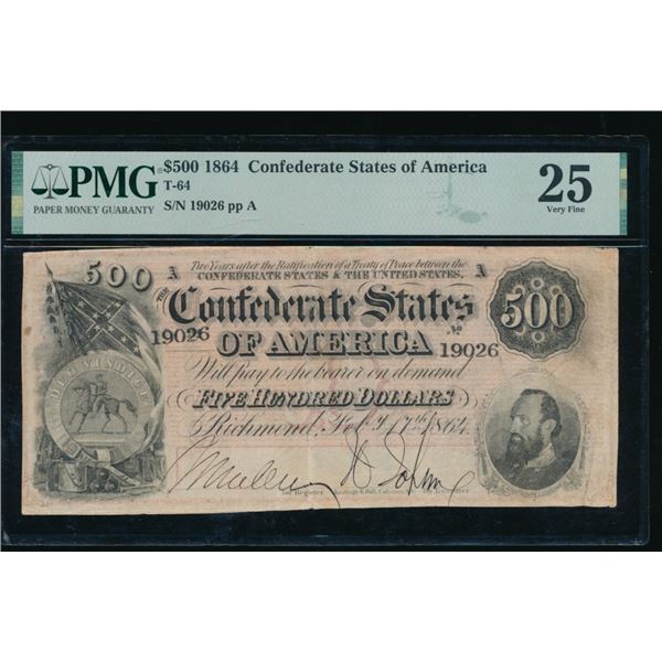 1864 $500 T-64 Confederate PMG 25