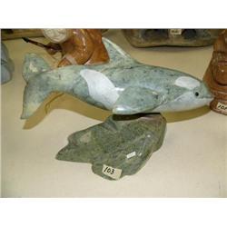 Soapstone killer whale 11" long, 5" tall, tail has been damaged - piece missing, by E.S (33)