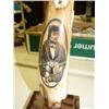 Image 2 : Fossilized walrus ivory with intricately scrimshawed portrait of man, signed Fisk on wood base, 9" t