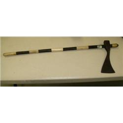 Old axe, with carved metal head, wood and antler handle. 2' long, axe head 7.5" long (33)