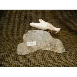 2 playful ivory seals on bone base 3.5" tall, 5" long (33)