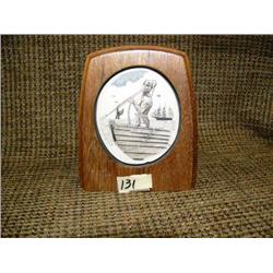Wood case with elephant ivory detailed scrimshawed sailor 4" tall, 3.5" wide (33)