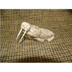 Walrus with walrus tusk, bone carving 3" long (33)
