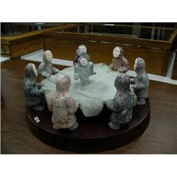 Wood base soapstone and ivory faced dance scene 20" diameter, 10" tall by E.S. (33)