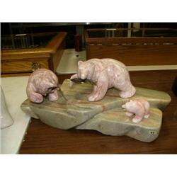 Soapstone sculpture 21" long 10" high, 3 bears with 2 fish in mouth (33)