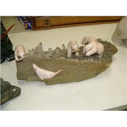 Bear scene catching fish on stone with crystals 21" long, 9" tall (33)