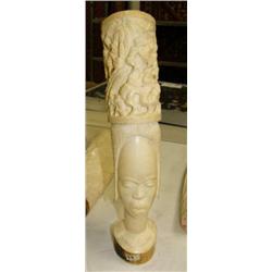 Elephant ivory African bust 17" tall, 4" wide, some damage on hair (33)