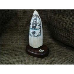 Intricately carved whale's tooth of whaling ship signed by Peter Kwray 6" tall (33)