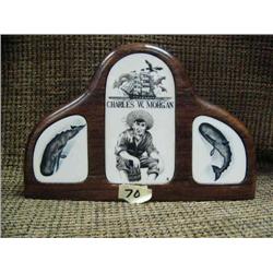 Ivory inlayed tribute to Charles W. Morgan with whales, whaling ship, sea gull and sailor 5" tall (3