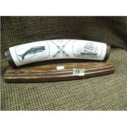 Ivory tusk 9" long of sailing ship and  whale By L.P.
