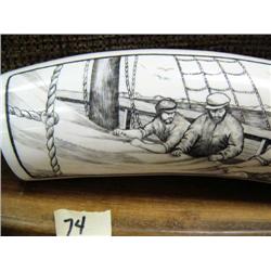 Ivory tusk 7" long of sailors and boat unreadable signature (33)