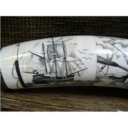 Ivory tusk by R.E.D. 10" long with harpooner, boat and breeching whale (33)