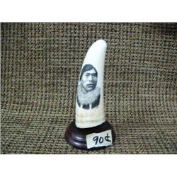 CHOICE on 4 ivory whales teeth from 3-3.5" tall scrimshawed on wood base: Alaska Native portrait (33