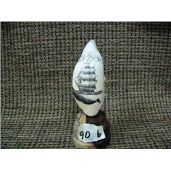 CHOICE on 4 ivory whales teeth from 3-3.5" tall scrimshawed on wood base: Whaling ship with whale (3