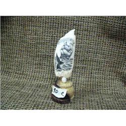 CHOICE on 4 ivory whales teeth from 3-3.5" tall scrimshawed on wood base: whaling ship with whale (3
