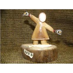 CHOICE on 3: Bone and ivory carvings of Alaska Native dancer with feathers, 5" tall (33)