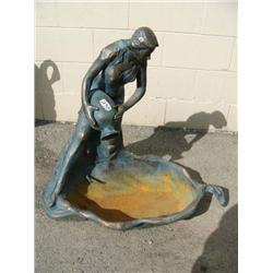 Cast iron fountain with woman pouring water into leaf base 33" tall 34" wide (3)