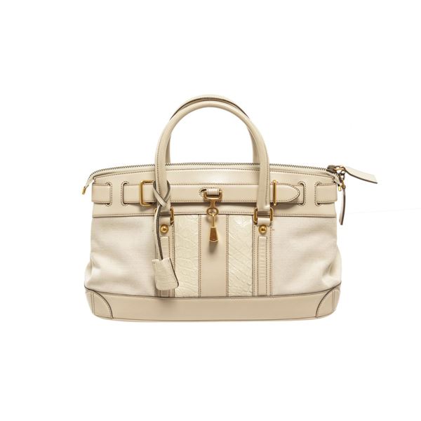 Gucci White Leather Lock Shoulder Bag